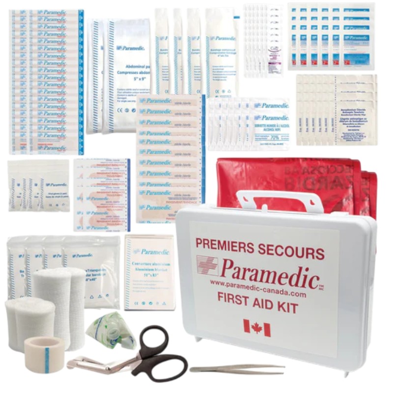 Trousse de premiers soins complète : pansements, antiseptiques, ciseaux, gants et plus pour répondre rapidement aux urgences à la maison, au travail ou en déplacement.