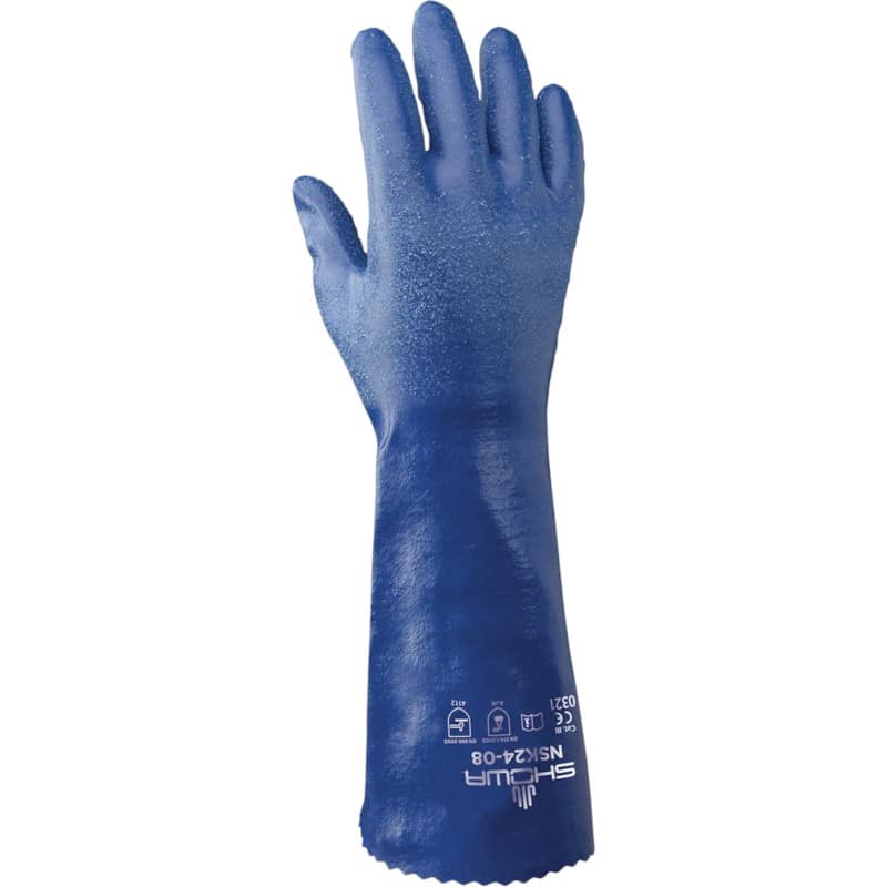 Gants Showa NSK24 NITRI-SOLVE de 14 po avec doublure en tricot, offrant confort et protection pour la manipulation dans les milieux de travail exigeants.