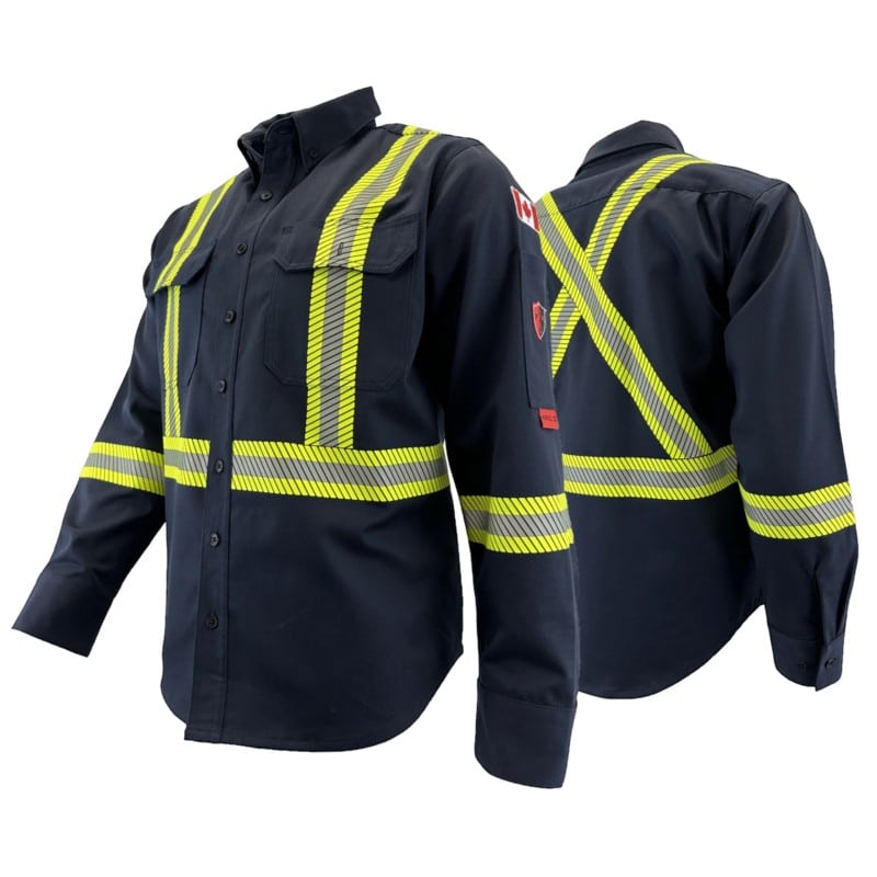 La chemise Atlas FR/AR 404ST marine offre confort et protection avec ses bandes rayées de 2 po conçues pour améliorer la visibilité.