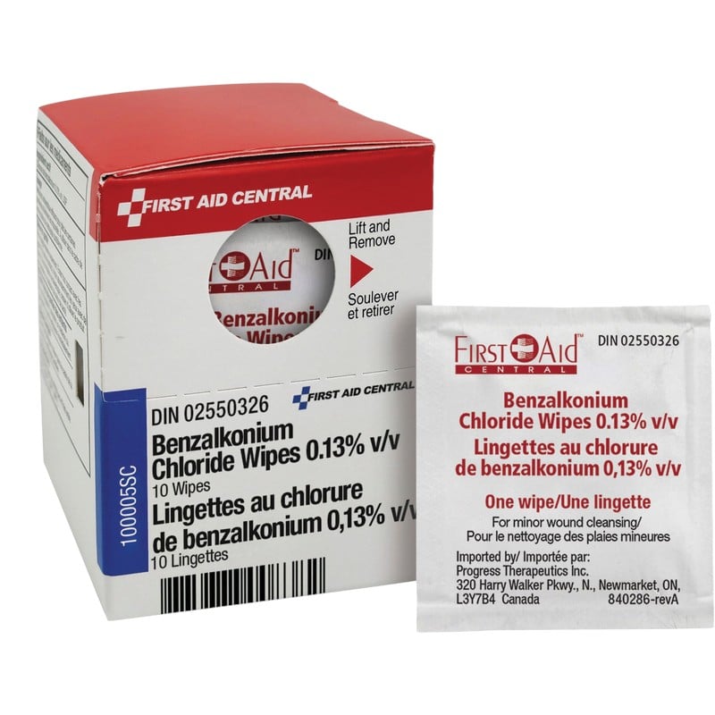 Les lingettes antiseptiques First Aid Central au chlorure de benzalkonium offrent une solution pratique pour les trousses de premiers soins.